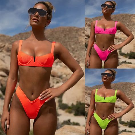 Maillot De Bain Sexy Néon Orange Micro Bikini Femmes Sangle Découpé