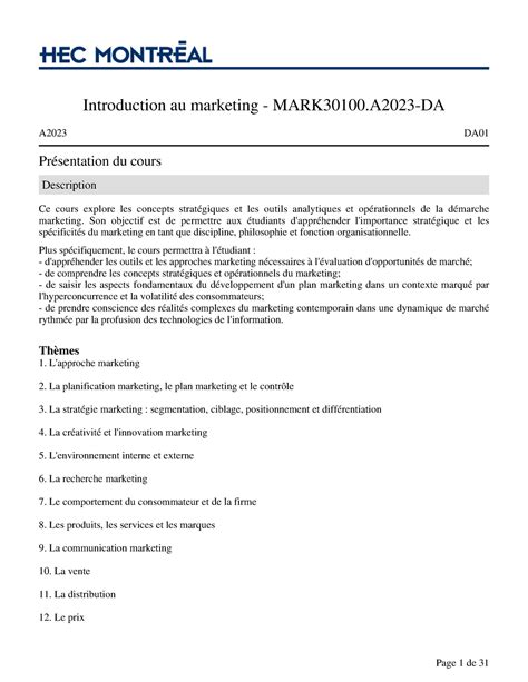 Syllabus Plan De Cours A2023 DA Introduction Au Marketing