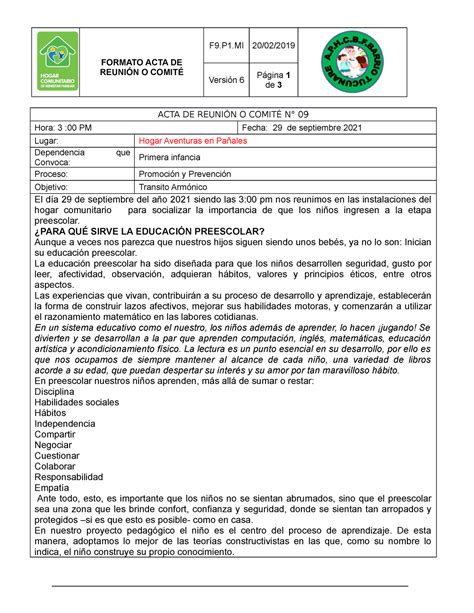 Acta transito armonico FORMATO ACTA DE REUNIÓN O COMITÉ F9 P1 20 02