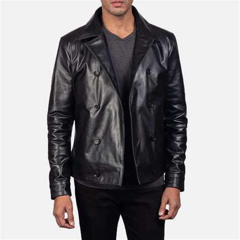 Men's Mod Black Leather Peacoat