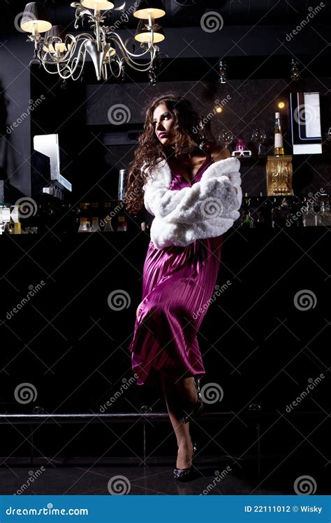 Alone Luxury Woman In Purple Dress Stand At Bar Stock Photo Image Of