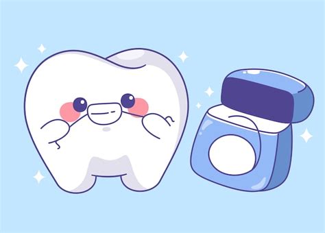 Premium Vector Cute Tooth Cleaning With Dental Floss Cartoon Character