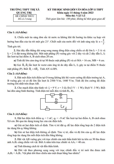 Đề học sinh giỏi Vật lý 11 năm 2022 2023 trường THPT Thị xã Quảng Trị