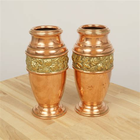 2 Vases Vintage Copper And Brass Floral Design On The Sides Etsy Uk