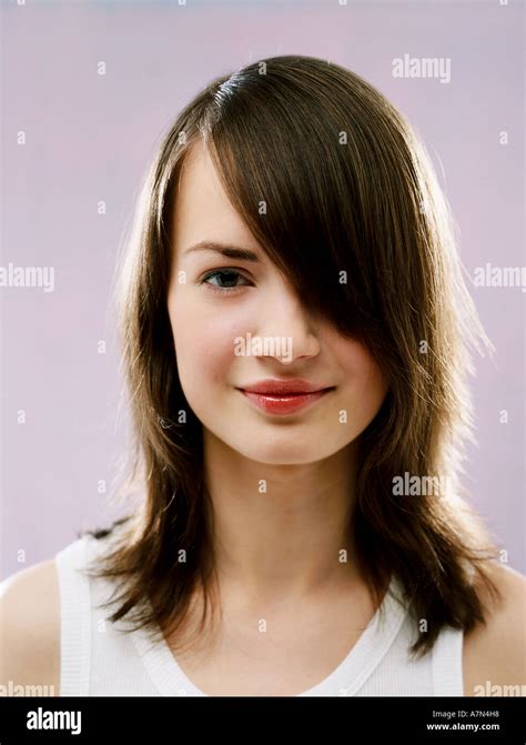 indoor studio woman young girl 20 25 brunette long hair fringe bangs ...