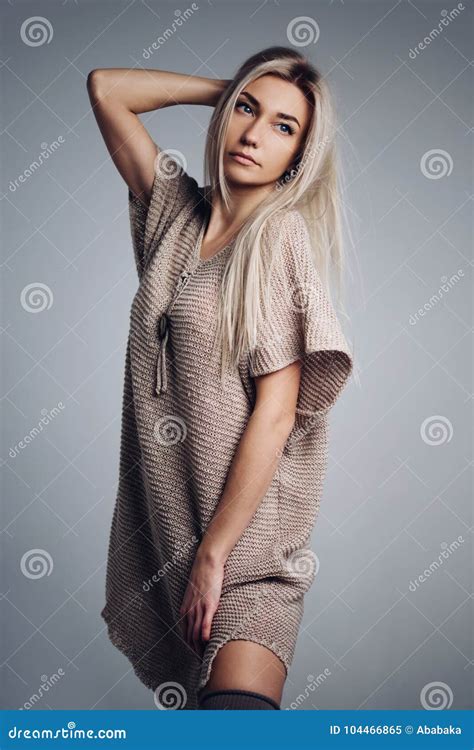 Beautiful Blonde Girl With Long Hair Posing Stock Image Image Of Female Looking 104466865