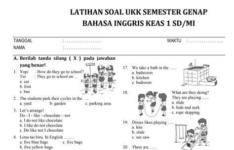 Soal Pat Bahasa Inggris Kelas 1 Sd Semester Genap Tahun 2021 Beserta