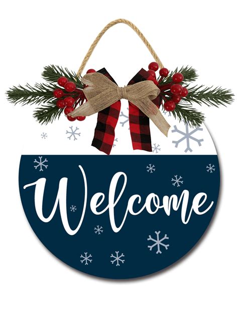 Winter Welcome Sign Front Door Porch Decorations Round Rustic Wood