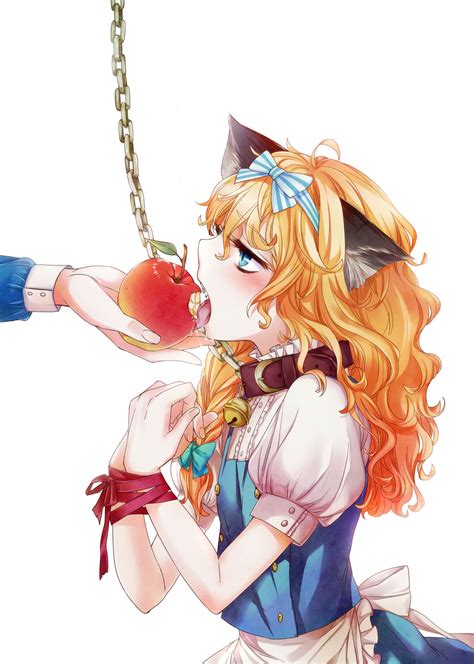 Safebooru Apple Bell Blonde Hair Blue Eyes Bound Wrists Bow Braid Cat