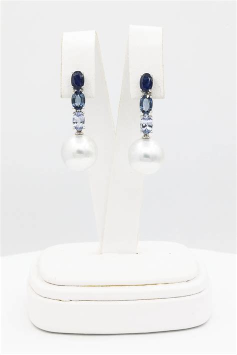 Ovals Sapphires And South Sea Pearls Dangle Drop Earrings K White