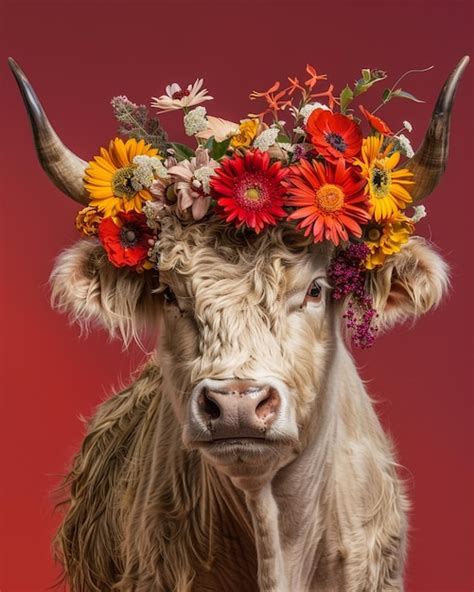 Premium Photo | A cow with a flower crown on its head is shown