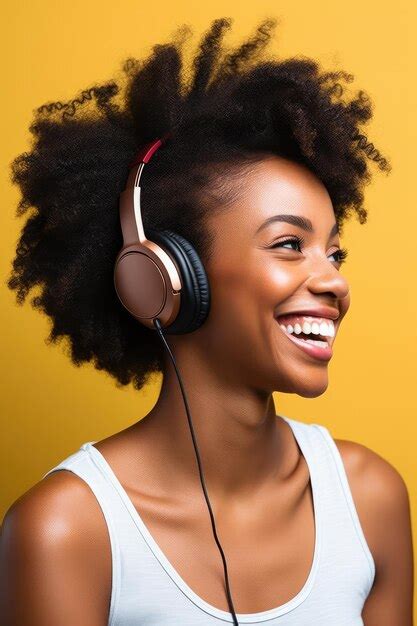 Premium Photo Smiling Woman In Headphones Yellow Background Happy