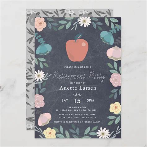 Floral Apple Chalkboard Teacher Retirement Invitation Zazzle