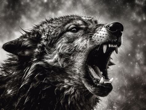 Premium AI Image | A black and white picture of a wolf with its mouth open.