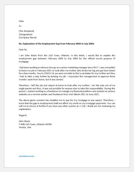 Letter Of Explanation Of Employment Gap