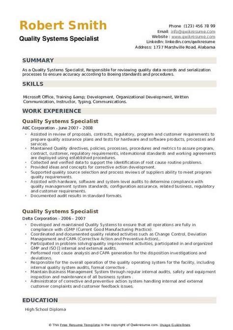 Quality Systems Specialist Resume Samples Qwikresume