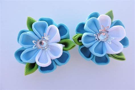 Kanzashi Fabric Flowers Set Of 2 Hair Clips White Blue Etsy