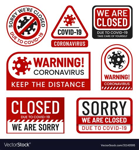 Covid19 2019 danger signs set coronavirus labels Vector Image