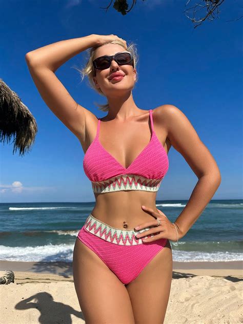 Bañador bikini triángulo de cheurón cinta Moda de Mujer SHEIN México