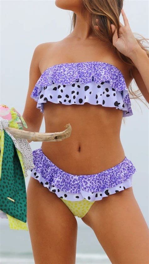 Purple Floral Ruffles Bandeau Bikini Sets Ruffle Bandeau Bikini