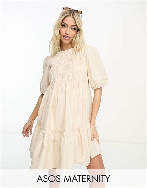 Asos Design Maternity Cotton Shirred Mini Smock Dress With Puff Sleeve