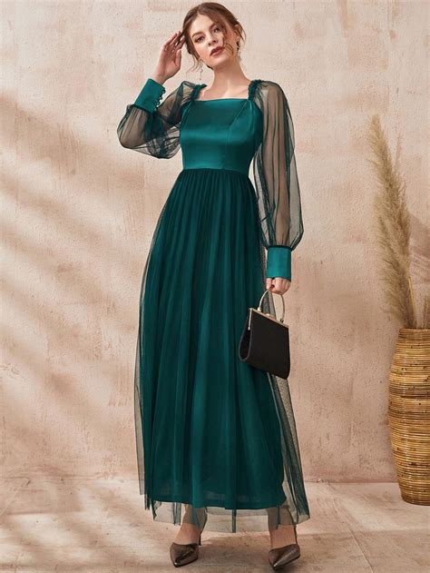 Contrast Mesh Lantern Sleeve Frill Trim Square Neck Dress Prom