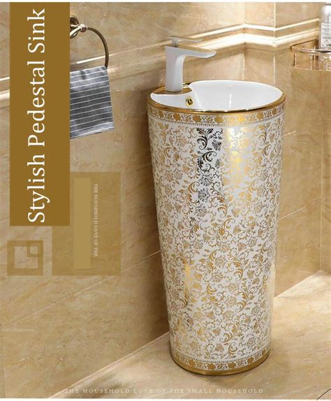 White And Gold Pedestal Basin Royal Toiletry Global