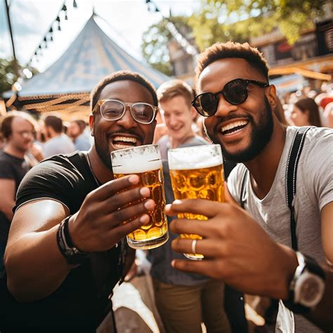 Dois Homens Segurando Um Copo De Cerveja A Palavra Lager Foto