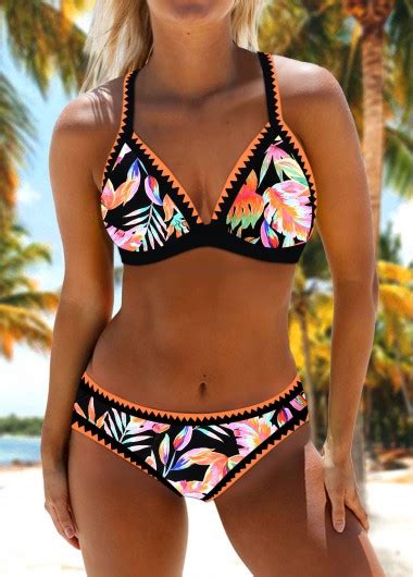 Criss Cross Leaf Print Black Bikini Set Modlily Usd