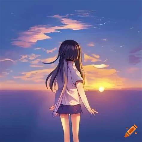 Anime Girl Watching Sunset Under Blue Skies On Craiyon