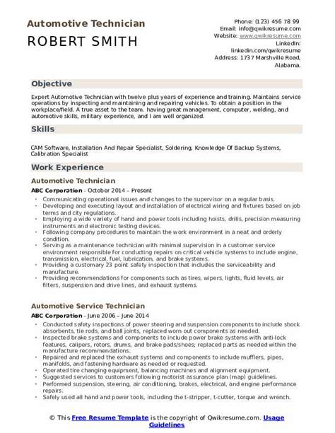 Automotive Technician Resume Samples | QwikResume