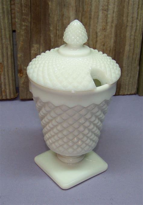 Vintage Westmoreland Milk Glass Diamond English Hobnail Footed Mustard Jar Pot Antique Price