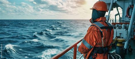 Seaman Ab Or Bosun On Deck Of Vessel Or Ship Wearing Ppe Personal Protective Equipment Helmet