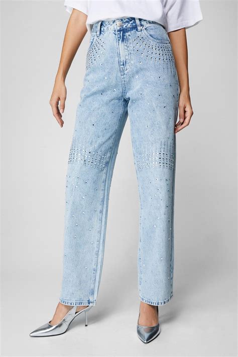 Diamante Embellished Straight Leg Jeans Nasty Gal