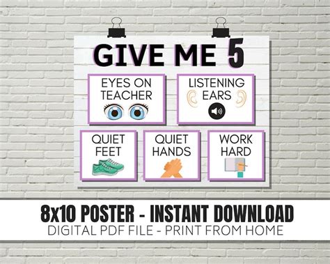 Give Me 5 8x10 Printable Poster Classroom Rules Eyes On Etsy