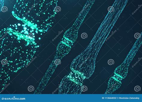 Blue Glowing Synapse Artificial Neuron In Concept Of Artificial