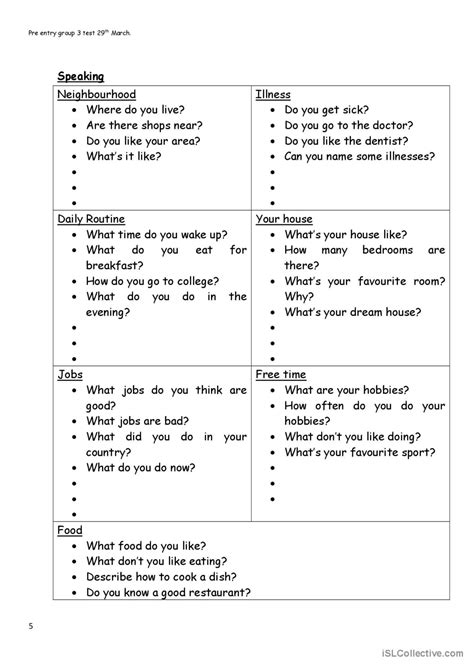 Pre Entry Test English Esl Worksheets Pdf And Doc