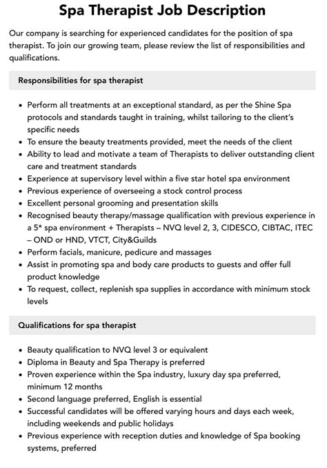 Spa Therapist Job Description Velvet Jobs