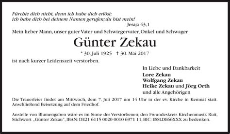 Traueranzeigen von Günter Zekau stuttgart gedenkt de