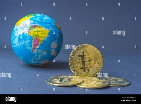 Bitcoin Btc Crypto Currency Gold Coins And Earth Globe Worldwide New