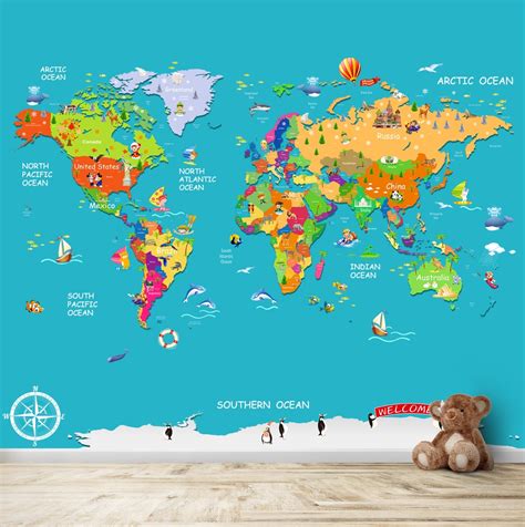 Blue Colourful World Map for Kids Room Walls | Life n Colors