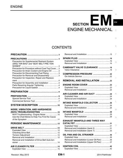 2014 Nissan Pathfinder Repair Manual Engine Mechanical Section EM