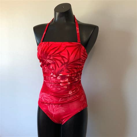 80s One Piece Swimsuit / Vintage Red Bathing Suit / Hawaiian Hibiscus