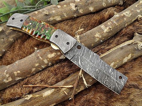 Damascus Steel Tanto Blade Folding Pocket Knife Various Colors Scale