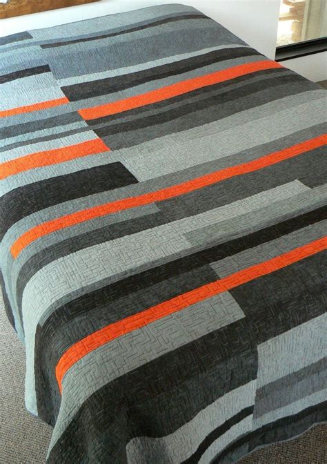 Shades Of Grey With Orange Stripe Mid Century Inspired Quilt Etsy