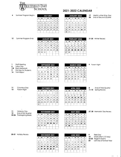 School Calendar – The Westfield Day School