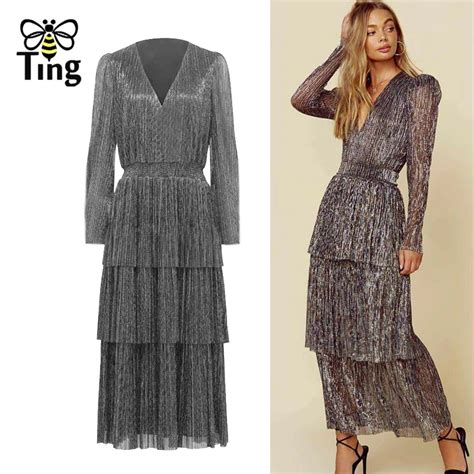 Tingfly Designer Vintage Women V Neck Layered Midi Long Party Dinner