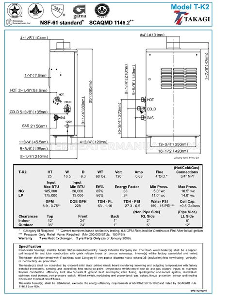 Takagi T K Lp Water Heater Specification Sheet Water Heater Manuals