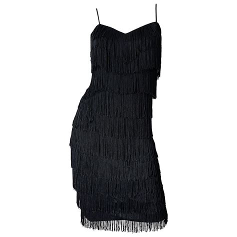 1970s Flapper Style Black Fringe Vintage 70s Does 20s Sleeveless Disco