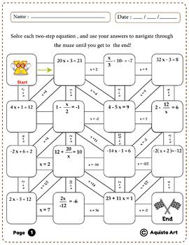 Solving Two Step Equations Maze Worksheet By Aquista Art Tpt